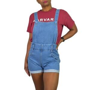 Vintage Blossom Jeans Bib Overall Blue Denim Shorts 80s Suspender Cuffed Size XS